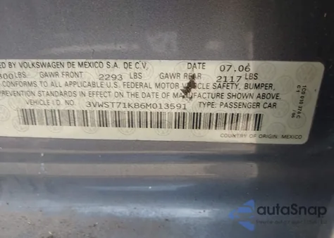 2006 Volkswagen Jetta Tdi z USA, uszkodzony, nr VIN 3VWST71K86M013591